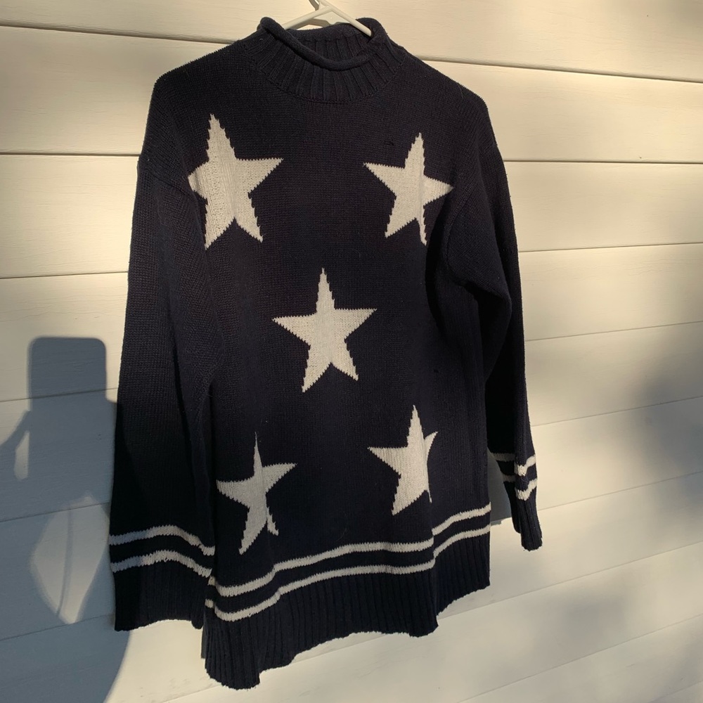Vintage Oversized Mock Neck Sweater, Small, Blue and White with Stars